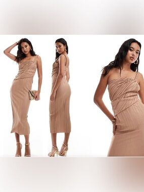 ASOS Design plisse twist fallen shoulder midi dress in camel